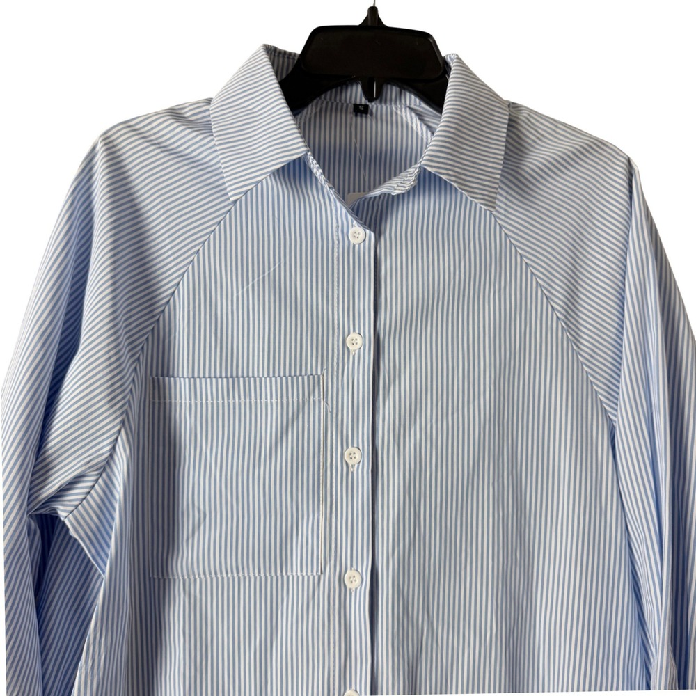 Women Small Blue Striped Smocked Button Down Shirt Cuff Raglan Sleeve LEMAFER